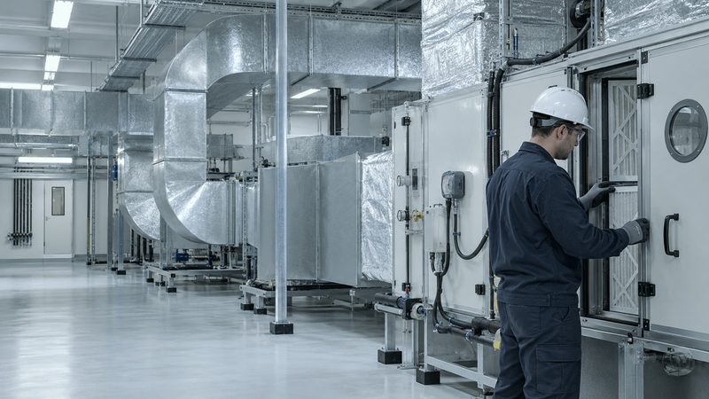 Casa de máquinas com dutos e equipamentos de tratamento de ar
